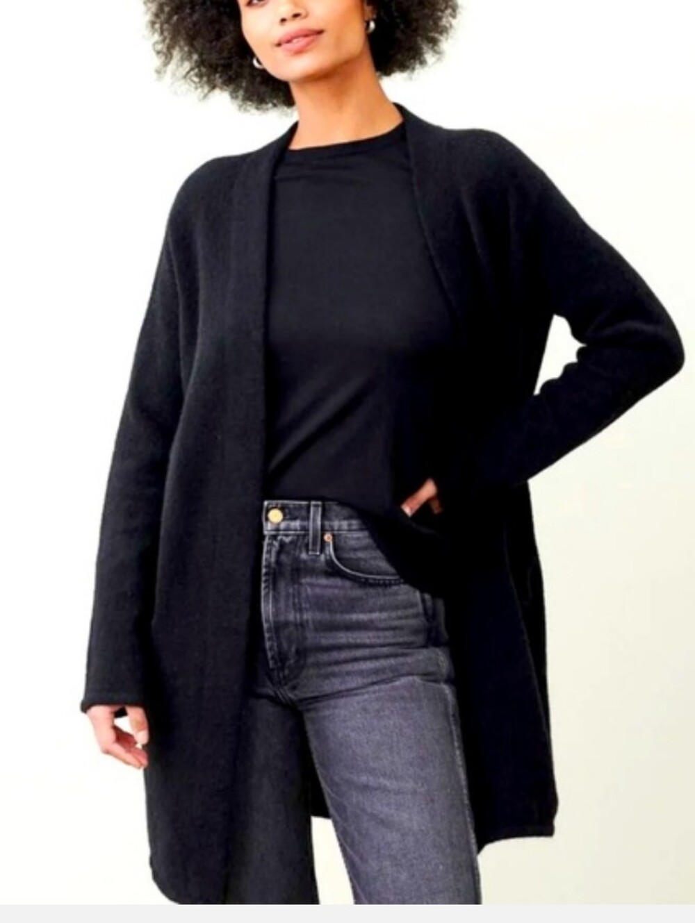 Jenni Kayne Wool Yak Stretch Knit Open Front Sweater Coat Cardigan Black Small
